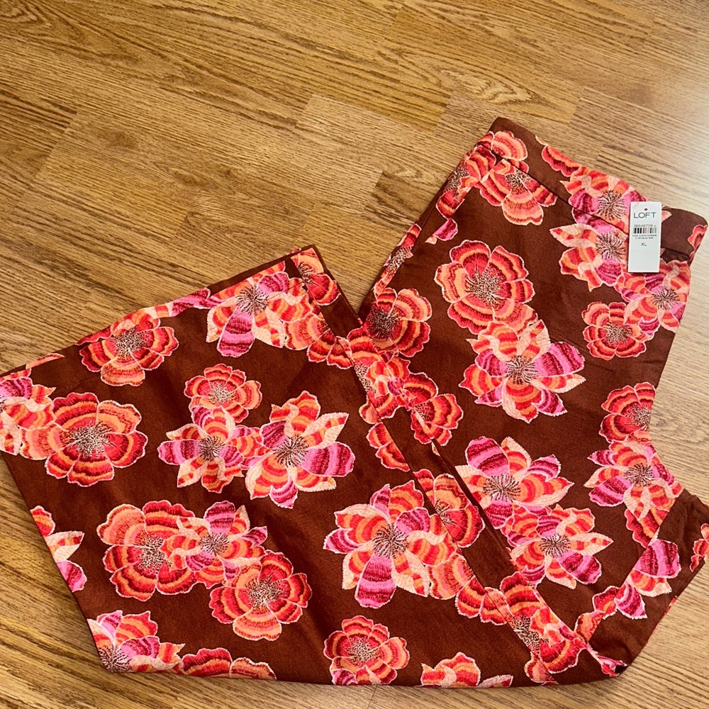 NWT LOFT Pink and Red Linen Blend Floral Wide Leg Pants